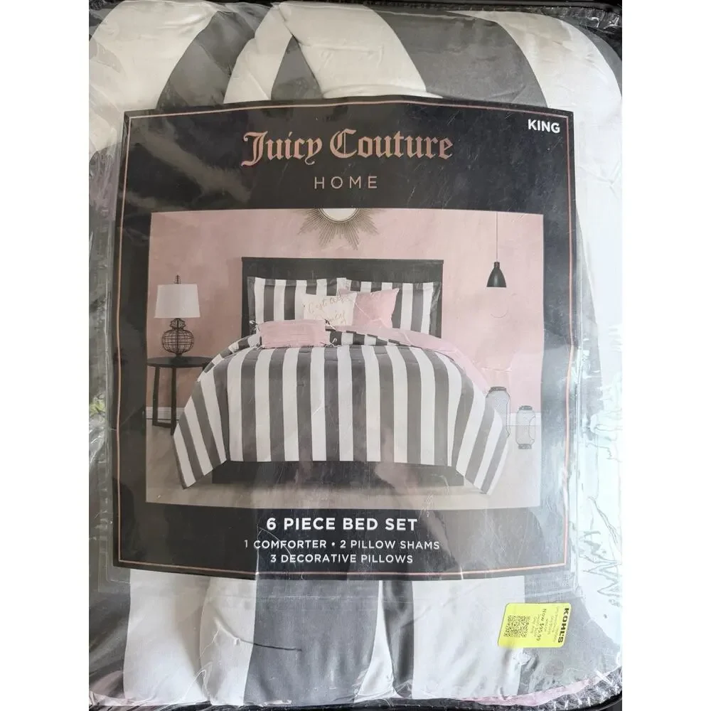Juicy Couture Pink With Black Stripes, Six Piece Bedding In King Size